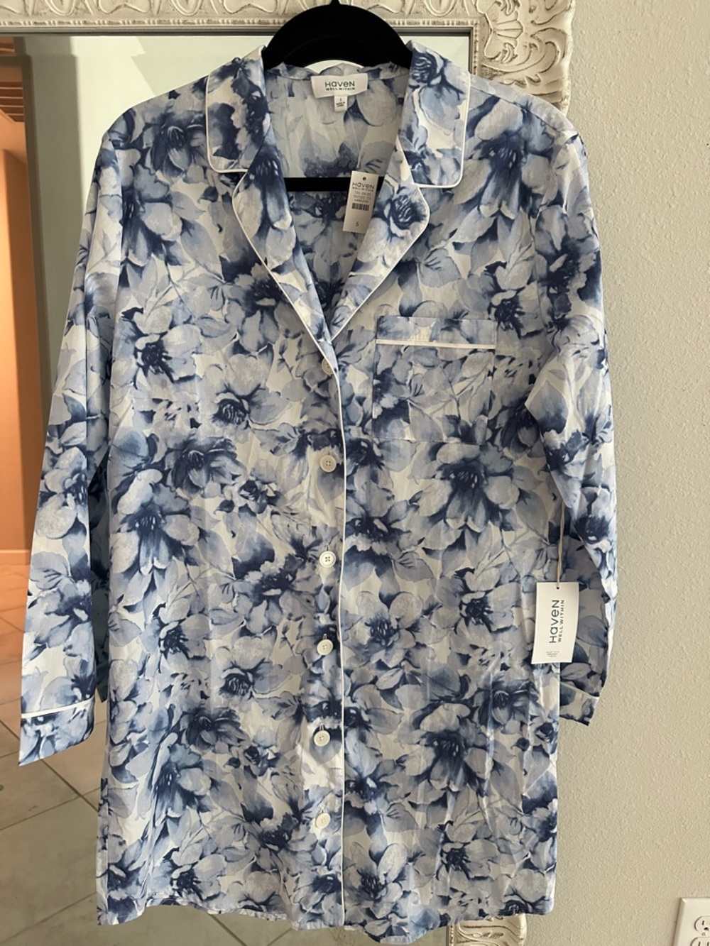 Haven Well Within Cotton Poplin Blue Floral Button-Down Sleep Shirt Pajamas